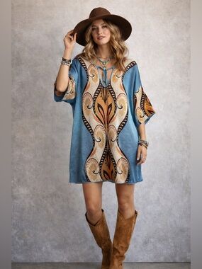 Zara Women’s Jacquard Knit Boho Hippie Tunic Sweater Dress Tribal Print Sz L